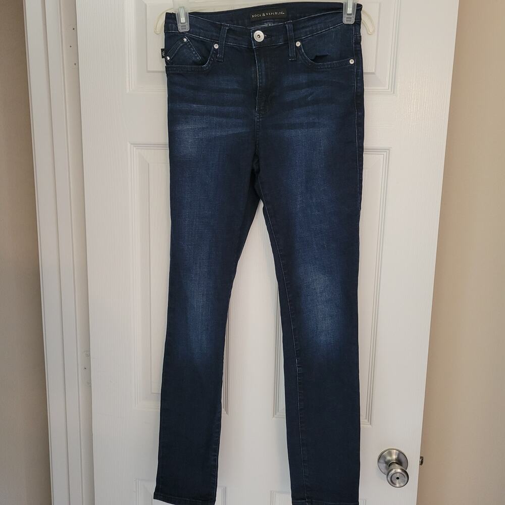 Rock and Republic Women Denim Jeans Dark Size 8 Med Berlin Studs Zippers on Back